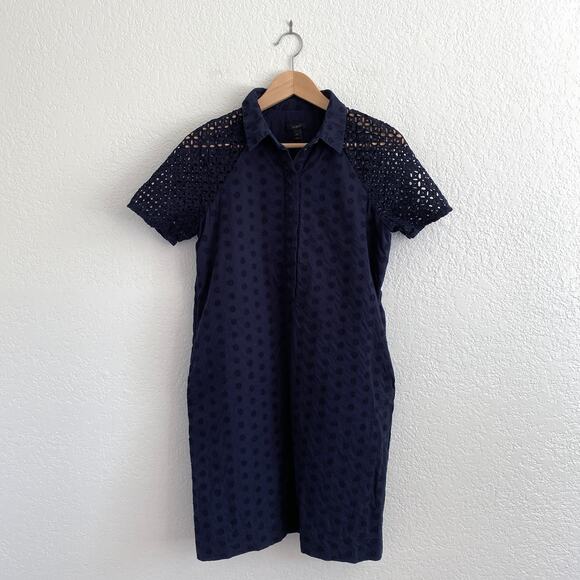 J. Crew Navy Eyelet Shirt Dress Short Sleeve Collar Button Placket Size 4 Preppy - Picture 2 of 9